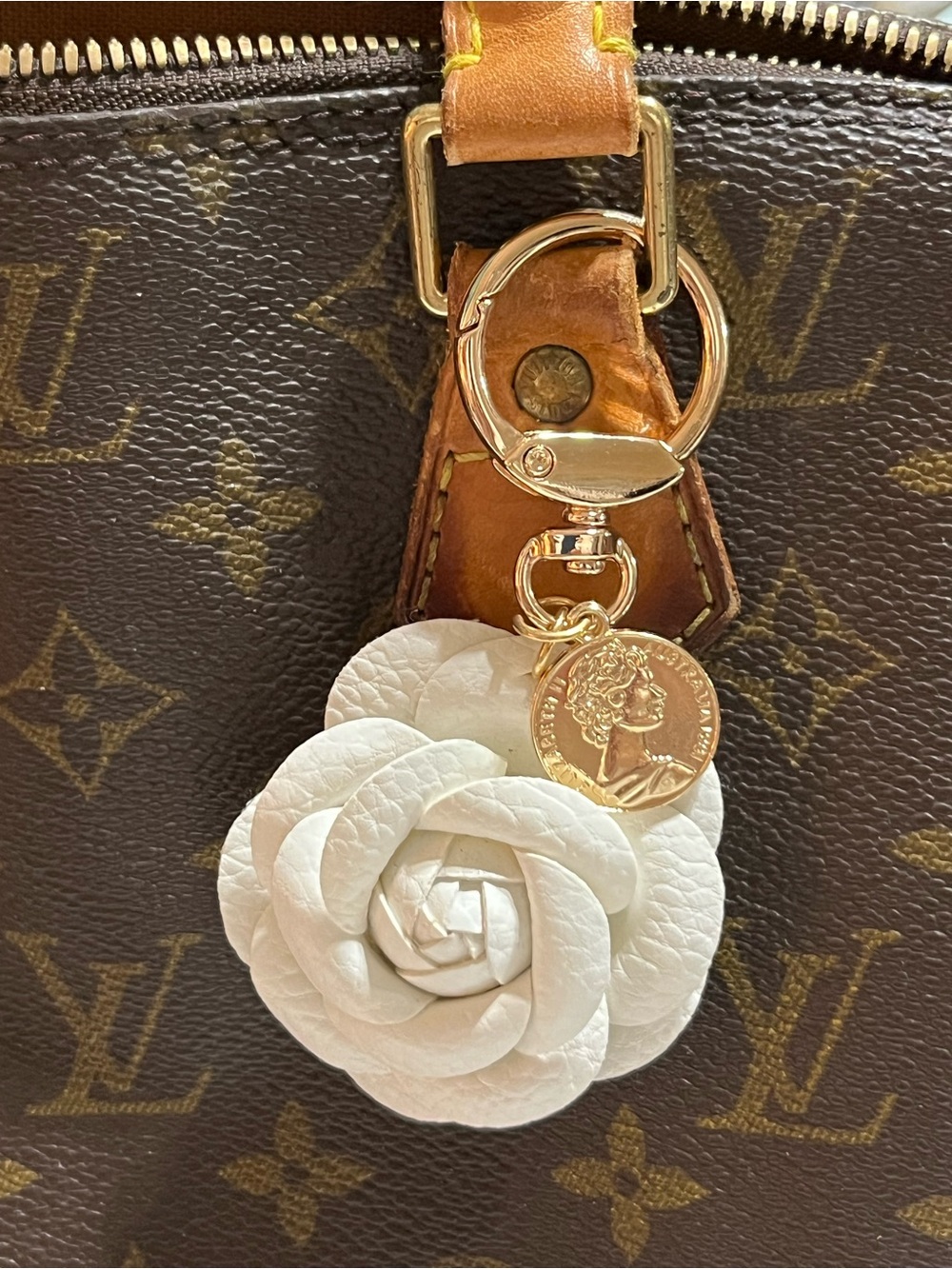 White Camellia Leather Key Charm with Gold-Tone Coin